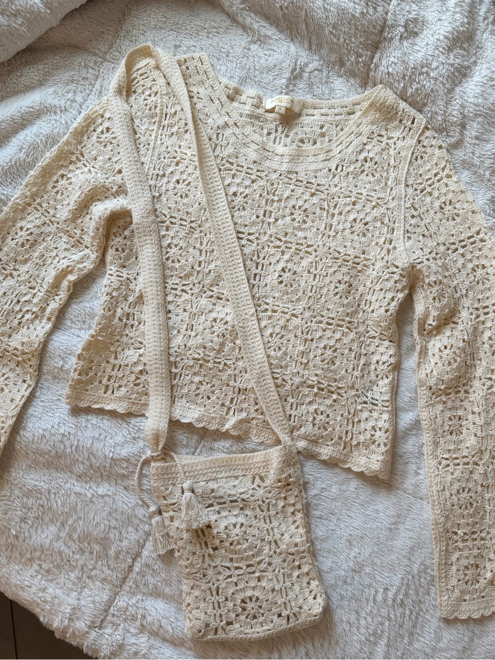 Rebellion Cream Crochet Openwork Long-Sleeve Sweater with Matching Crossbody
